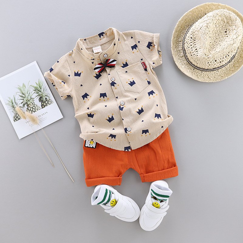 Wholesale Baby Boy Cute Fashion Crown Clothing Set Summer 2pcs Shirt Cotton Clothing Set