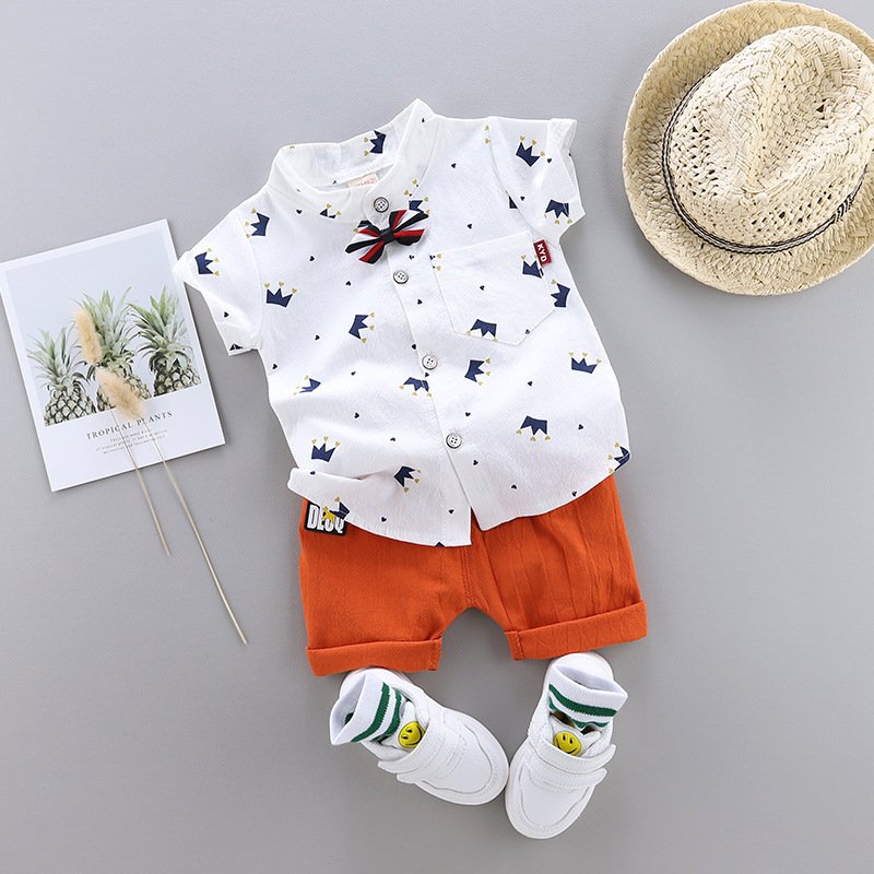 Wholesale Baby Boy Cute Fashion Crown Clothing Set Summer 2pcs Shirt Cotton Clothing Set