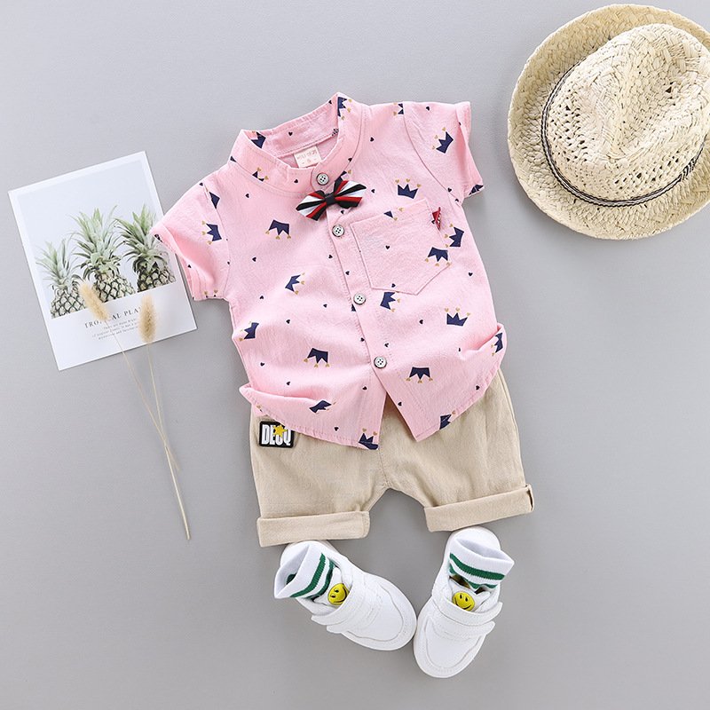 Wholesale Baby Boy Cute Fashion Crown Clothing Set Summer 2pcs Shirt Cotton Clothing Set