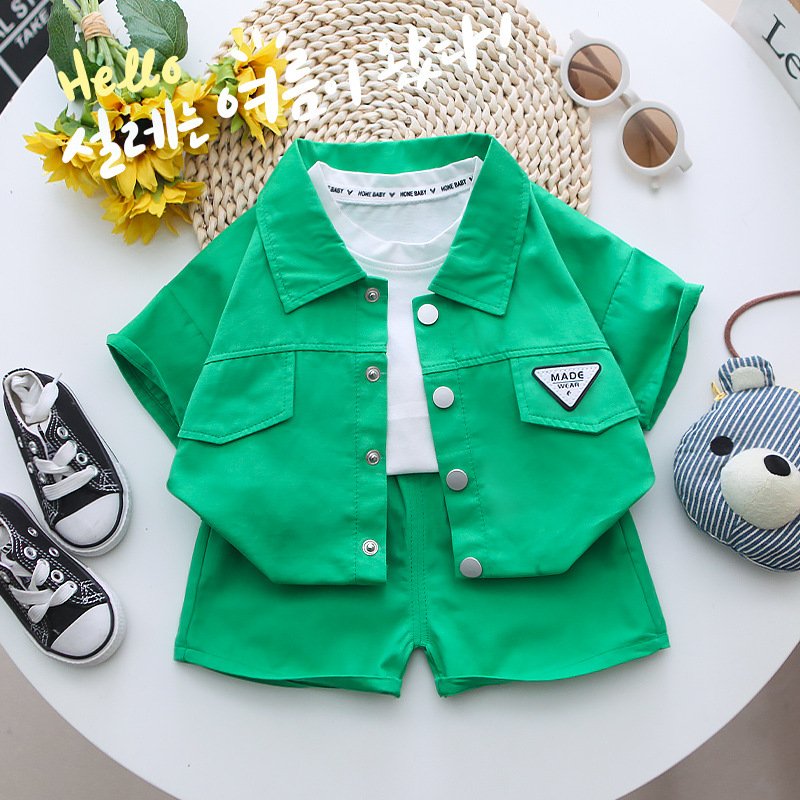 Conyson high quality fashion summer Boy kids short sleeve baby solid color Clothing suit wholesale cotton 2 PIECE clothes set