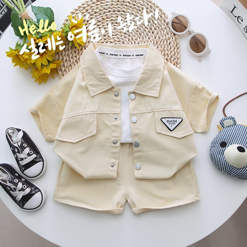 Conyson high quality fashion summer Boy kids short sleeve baby solid color Clothing suit wholesale cotton 2 PIECE clothes set