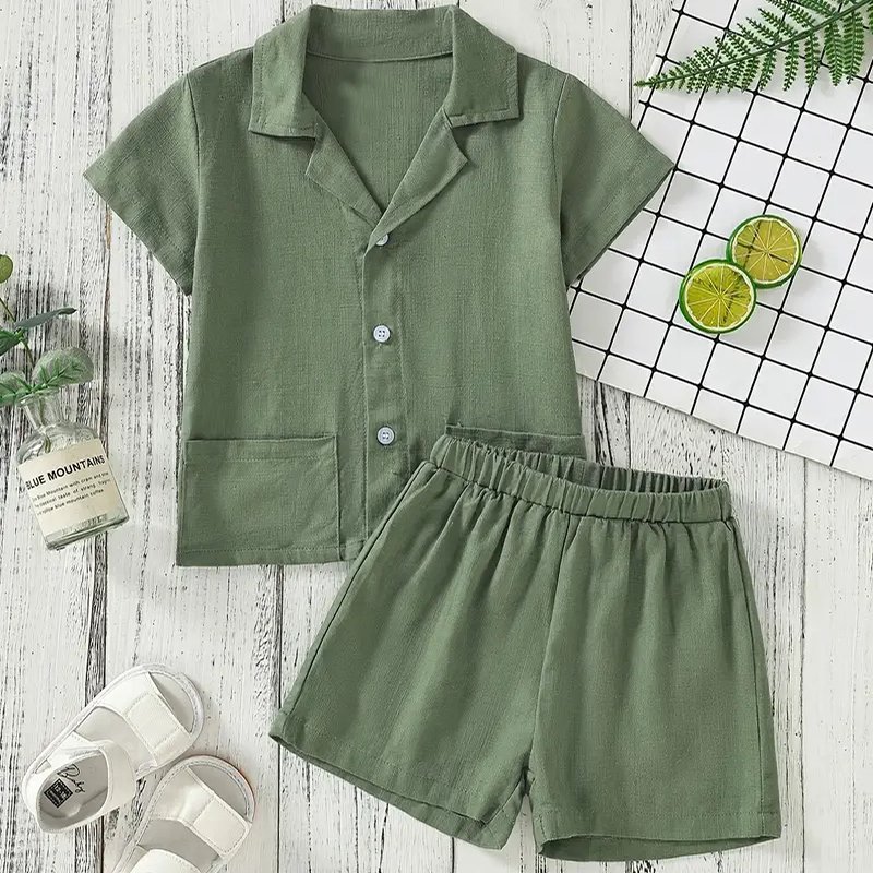 Organic kids linen set custom boys clothing sets linen button set kids children's shirts with shorts children's clothing