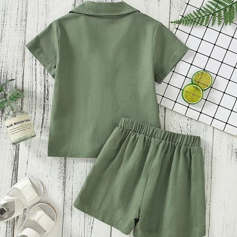 Organic kids linen set custom boys clothing sets linen button set kids children's shirts with shorts children's clothing