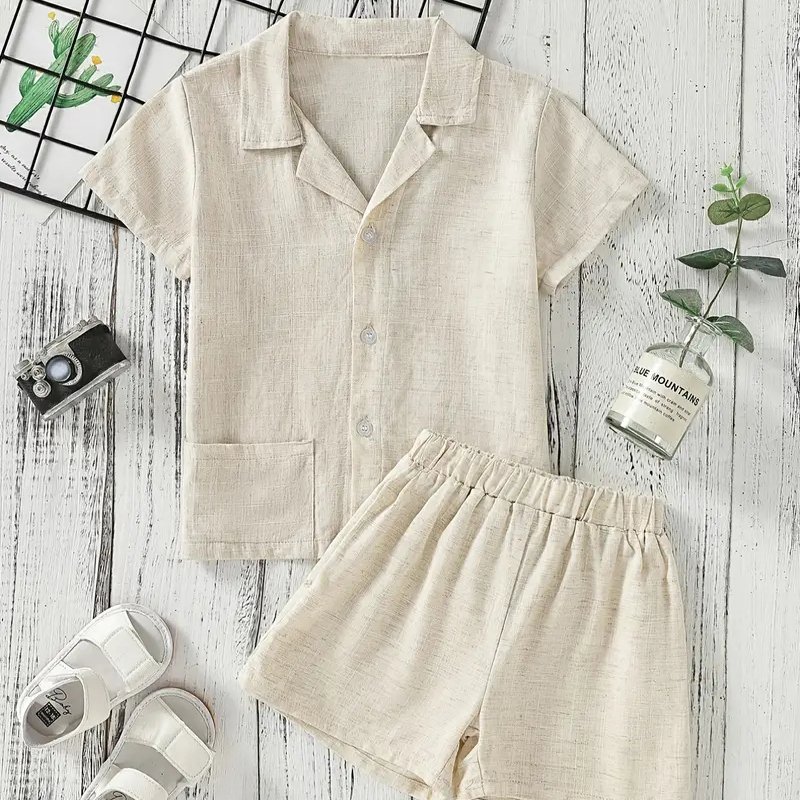 Organic kids linen set custom boys clothing sets linen button set kids children's shirts with shorts children's clothing