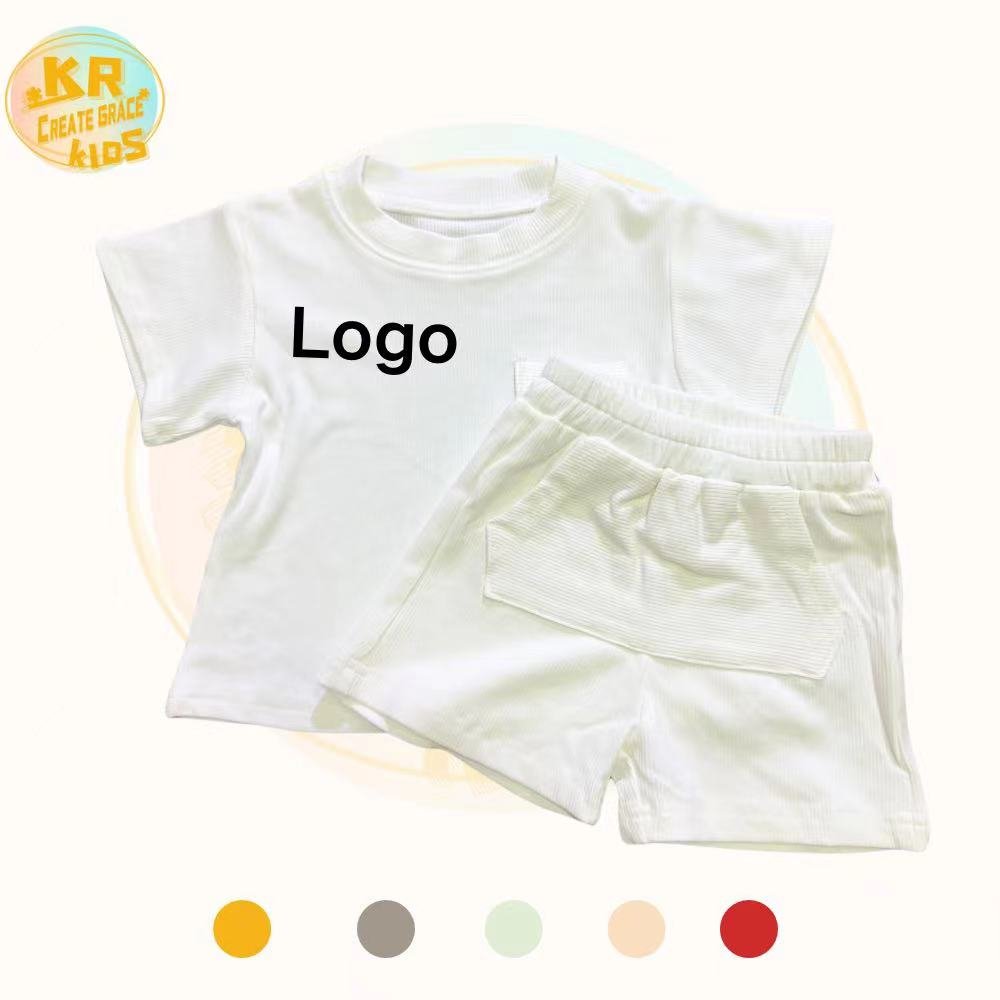 Customized Boutique 100% Cotton Ribbed Summer Outfit Boys Girls Baby Short Sleeve Shirt +Shorts Casual Set With Pocket
