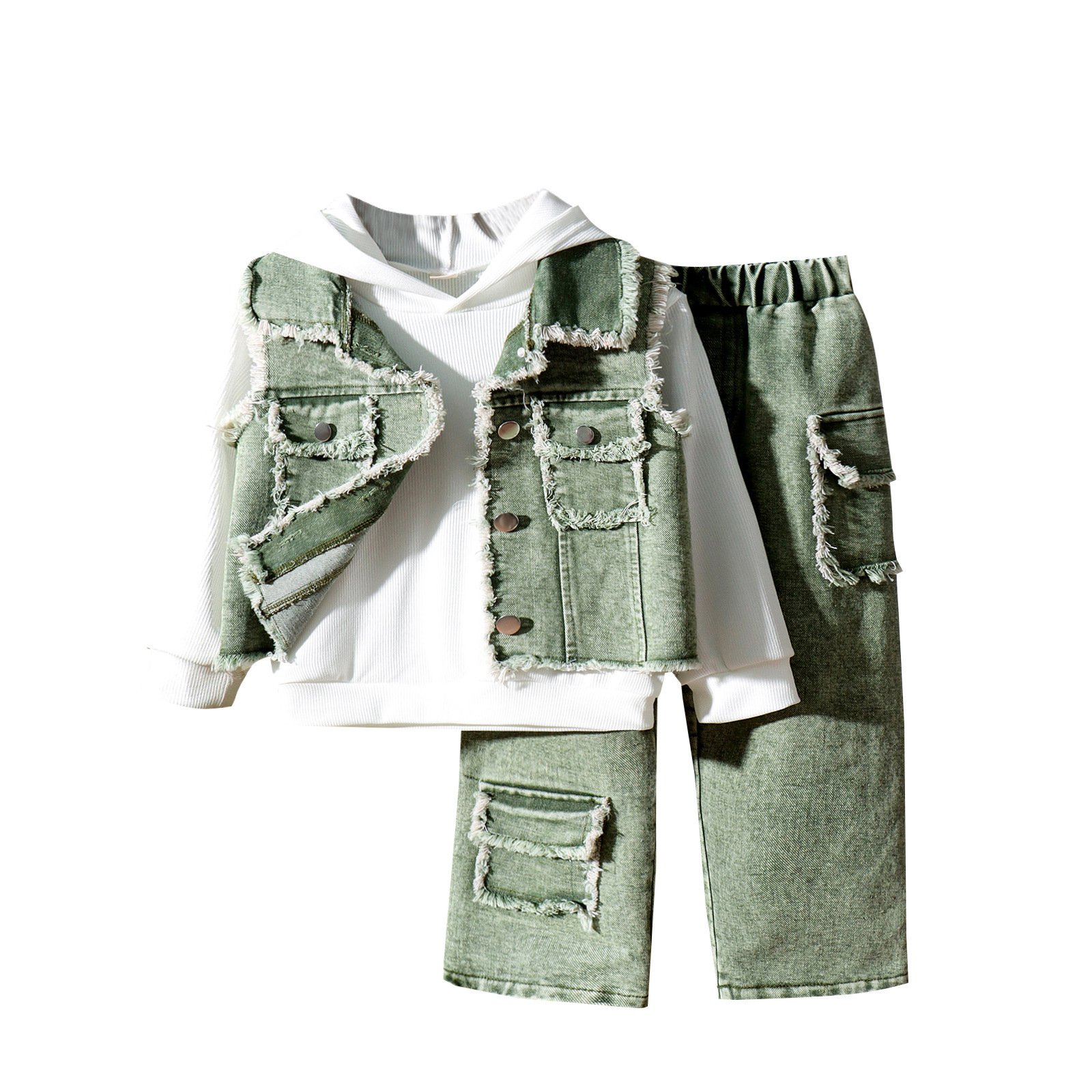 2025 Boys Clothes Autumn Casual Vest White Hoodie Sweatshirt Pants 3Pcs Boys Outfit Denim Overalls Children's Clothes Set
