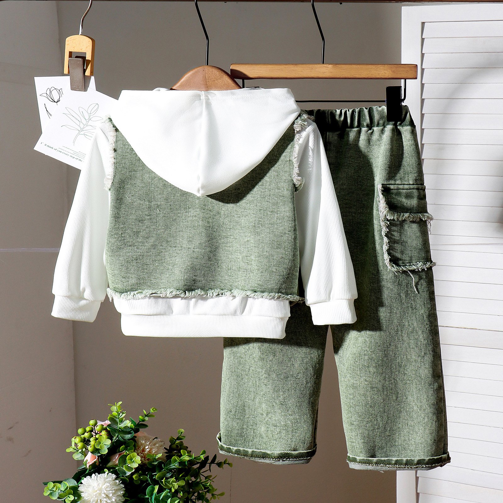 2025 Boys Clothes Autumn Casual Vest White Hoodie Sweatshirt Pants 3Pcs Boys Outfit Denim Overalls Children's Clothes Set