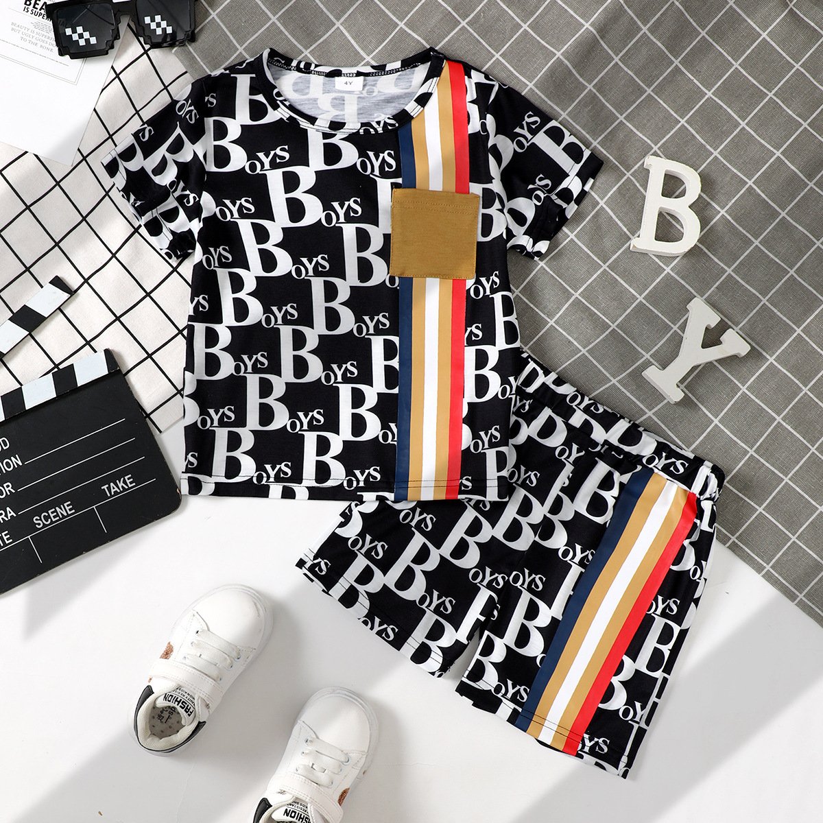 New arrival summer toddler Boys Clothing Sets short sleeves allover letter printed T-shirt + shorts2 Pieces outfits for kids