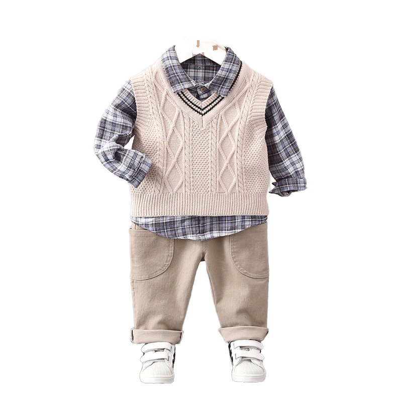Children Clothing Set Baby Boutique Long Sleeve Sweater vest shirt coat pants Plaid Top 3 Pieces Clothes casual Suit Set