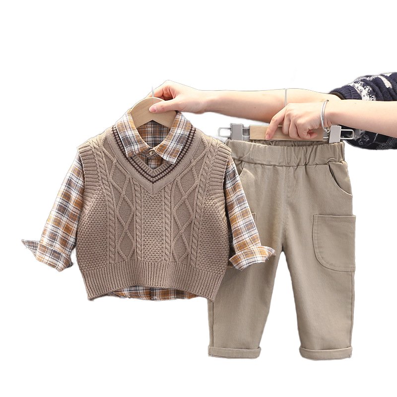 Children Clothing Set Baby Boutique Long Sleeve Sweater vest shirt coat pants Plaid Top 3 Pieces Clothes casual Suit Set