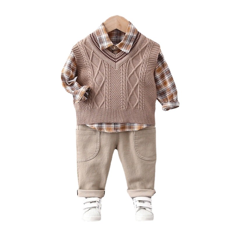 Children Clothing Set Baby Boutique Long Sleeve Sweater vest shirt coat pants Plaid Top 3 Pieces Clothes casual Suit Set