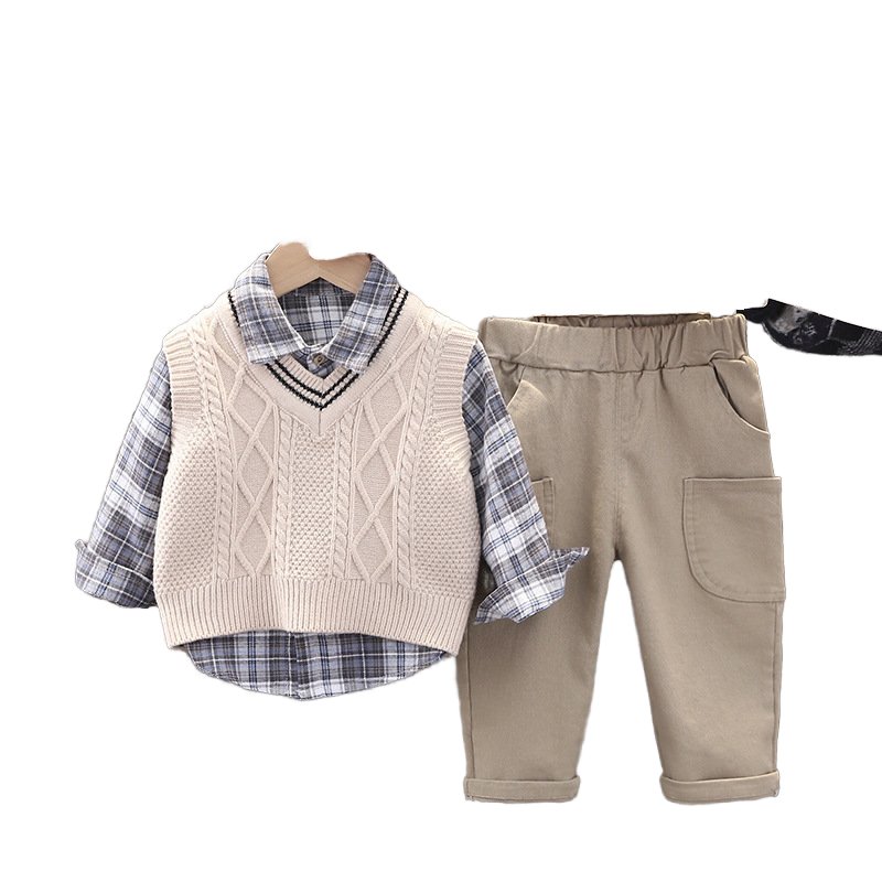 Children Clothing Set Baby Boutique Long Sleeve Sweater vest shirt coat pants Plaid Top 3 Pieces Clothes casual Suit Set