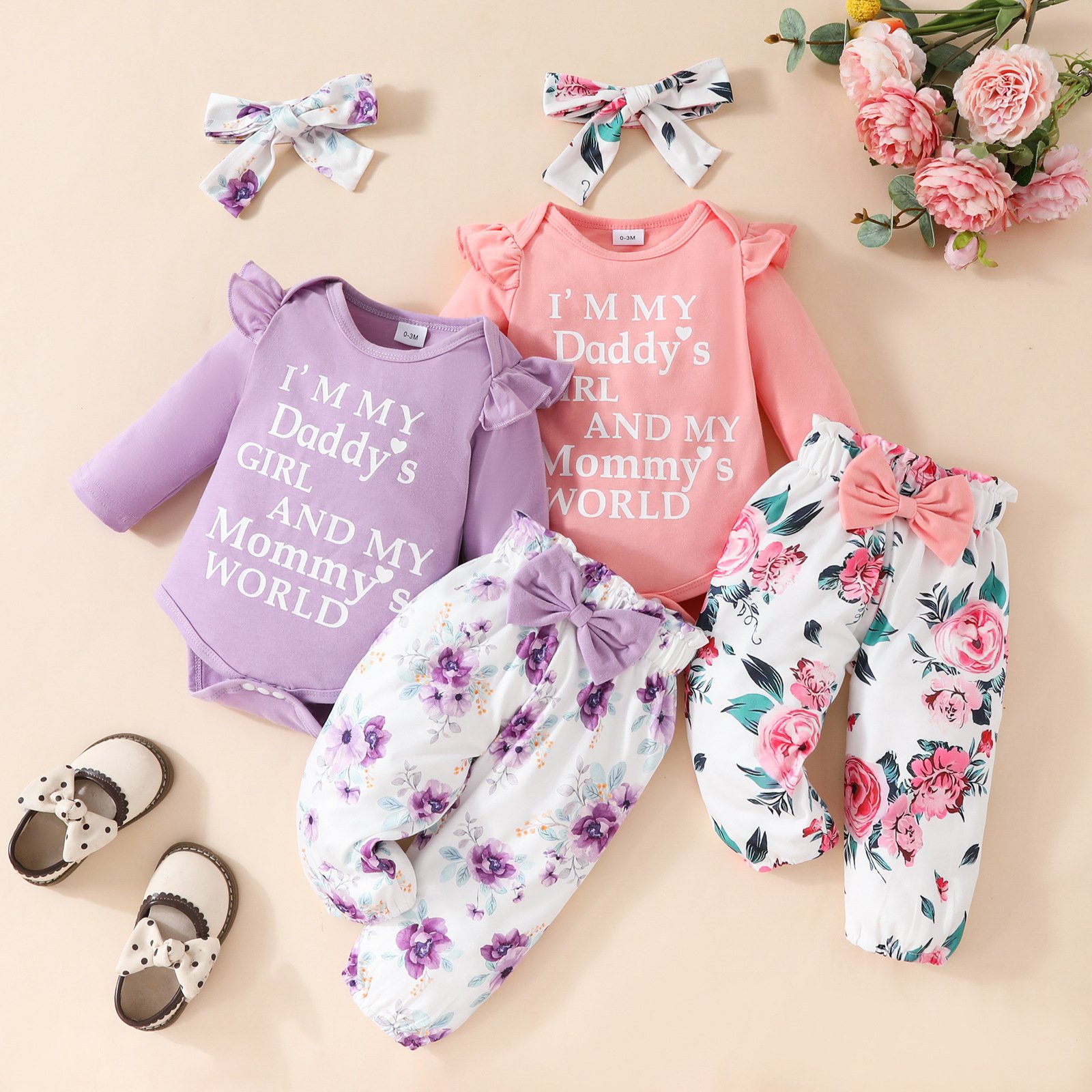 Wholesale 3-Piece Set for Baby Girls Autumn Long Sleeved Rompers Pants and Infant Headband Toddler Clothing Newborn Outfit