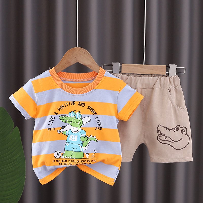 Hot Sale Crocodile Print Pullover Summer Kids Suit Cartoon Cute Boy Clothing Set High Quality Striped 2 Piece Kids Clothing