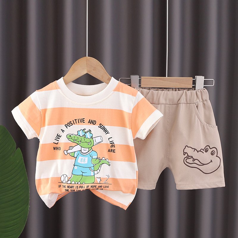 Hot Sale Crocodile Print Pullover Summer Kids Suit Cartoon Cute Boy Clothing Set High Quality Striped 2 Piece Kids Clothing