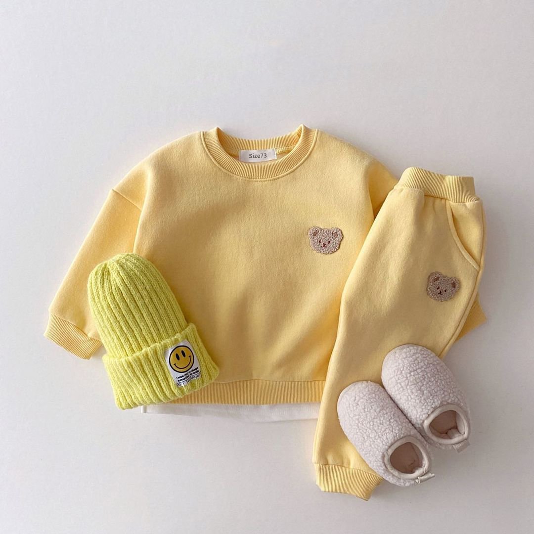 Baby Boys Winter Clothes Sets Warm Bear Velvet Pullover Sweatshirt Tops+Harem Pants Suits 2pcs Girls Fleece Lined Clothes