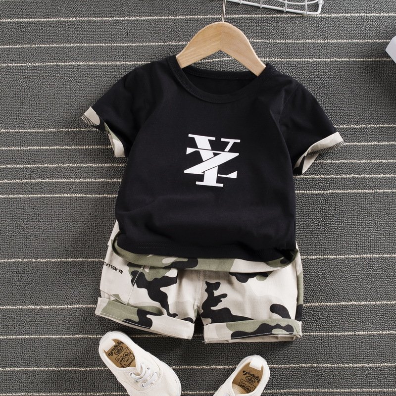 2024 Summer 2-Piece Casual Suit for Boys and Girls Letter and Camouflage Print Cotton Short Sleeve Shorts