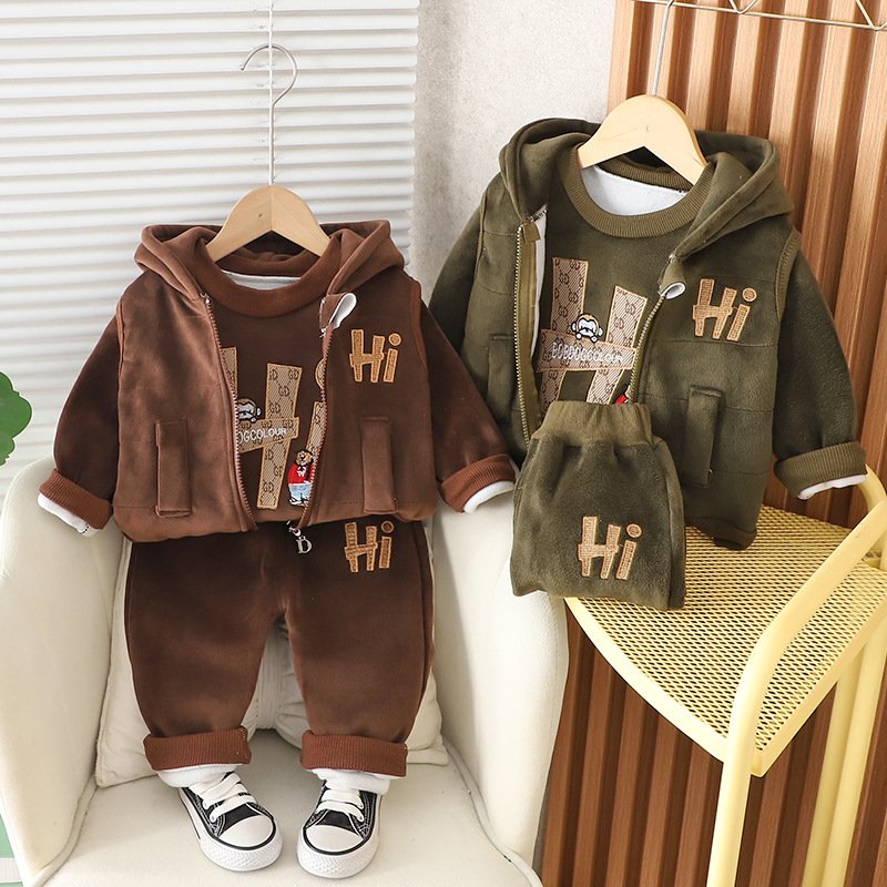 New Arrival Fashion Winter Children Hooded Sweatersuit Kids Clothing Warmer Suit 3PCS Casual Baby Boy Clothes Set
