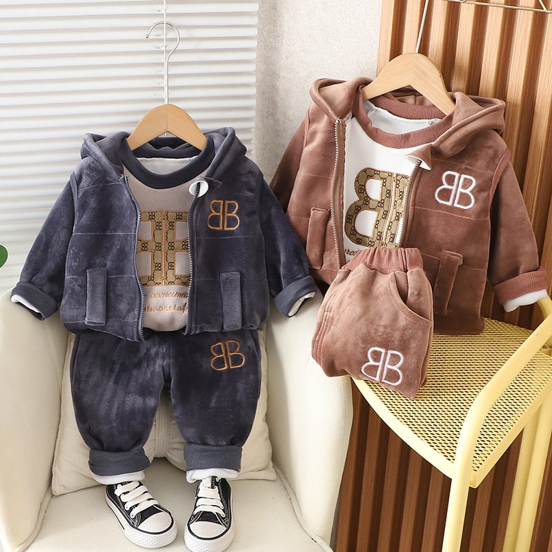 New Arrival Fashion Winter Children Hooded Sweatersuit Kids Clothing Warmer Suit 3PCS Casual Baby Boy Clothes Set