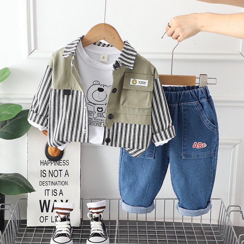 2024 New Release Children's Cotton Suit Boys Handsome Male Baby Casual Shirt Set Spring Autumn Dress Foreign Three Pieces