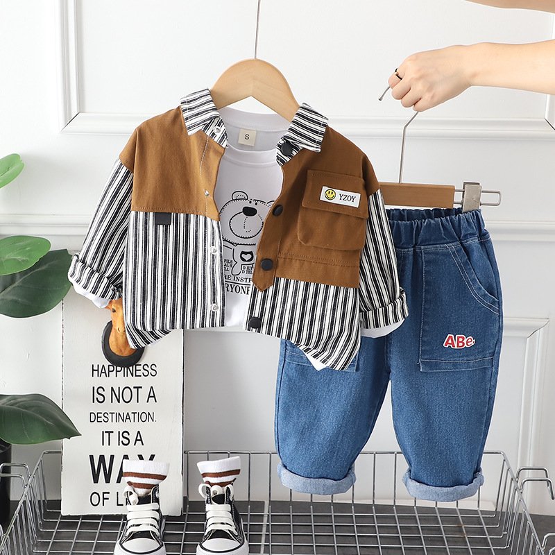 2024 New Release Children's Cotton Suit Boys Handsome Male Baby Casual Shirt Set Spring Autumn Dress Foreign Three Pieces