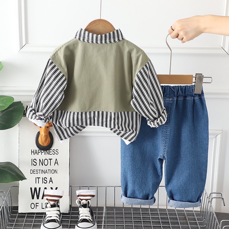 2024 New Release Children's Cotton Suit Boys Handsome Male Baby Casual Shirt Set Spring Autumn Dress Foreign Three Pieces