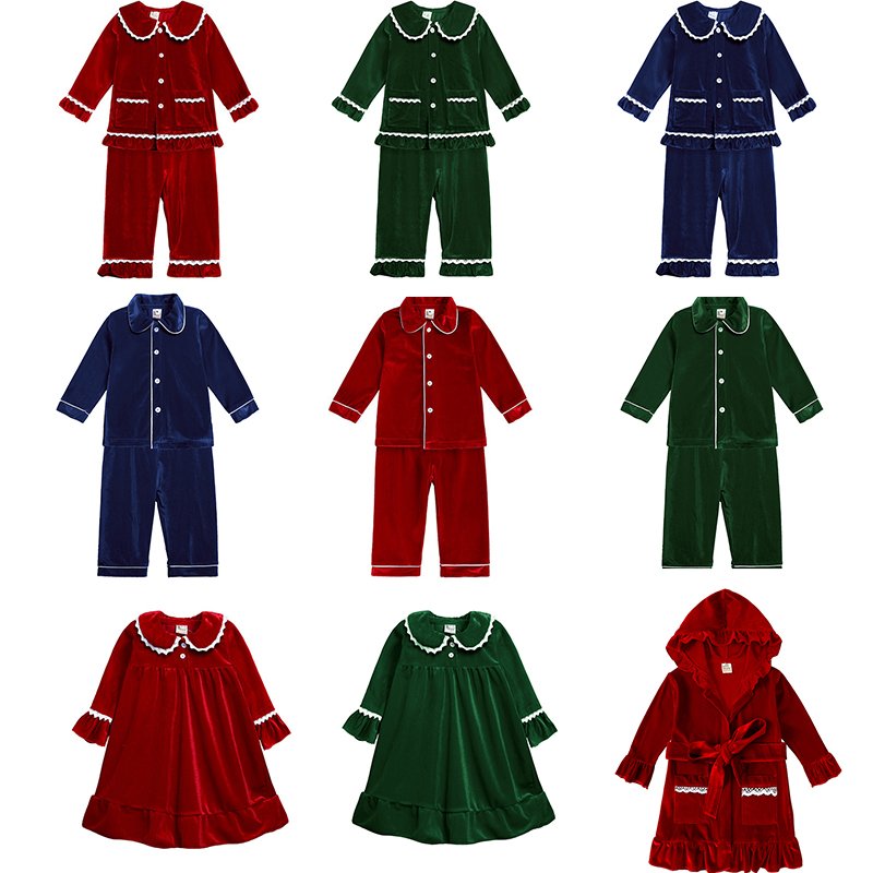 Christmas Red Winter Velvet Boys And Girls Pajamas Set Wholesale Two Piece Button Up Kids Pajama sets