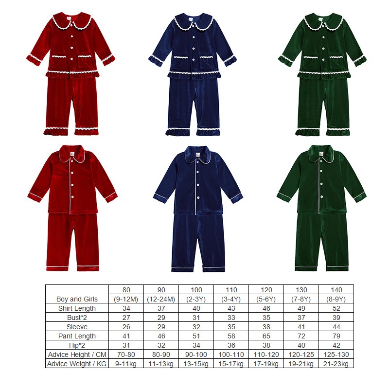 Christmas Red Winter Velvet Boys And Girls Pajamas Set Wholesale Two Piece Button Up Kids Pajama sets