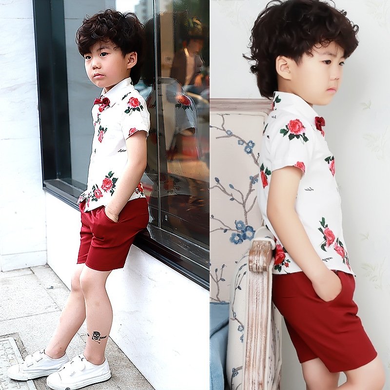 Kids Handsome Boy Outfits Children's Clothes sets Printed Short Sleeve cotton Suit Belt Toddler bow Red Pants belt Floral Shirts