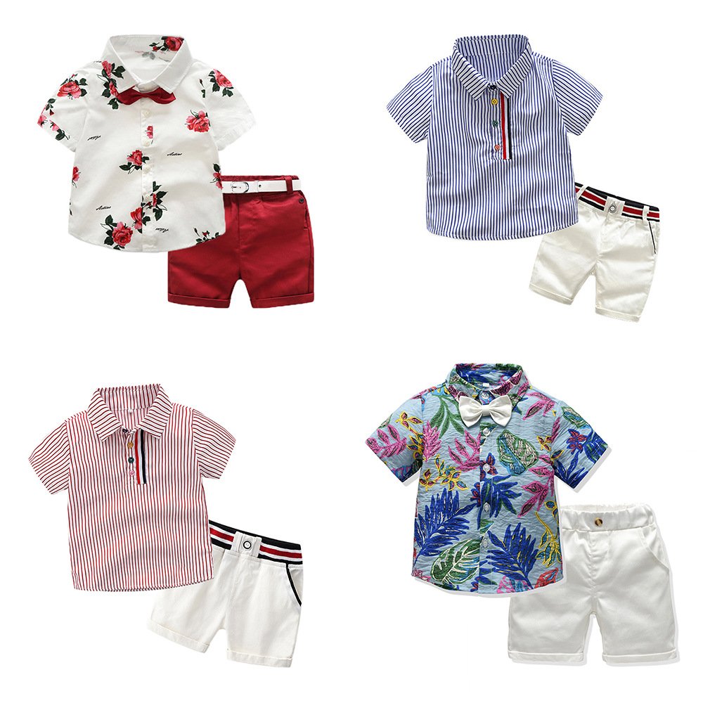 Kids Handsome Boy Outfits Children's Clothes sets Printed Short Sleeve cotton Suit Belt Toddler bow Red Pants belt Floral Shirts