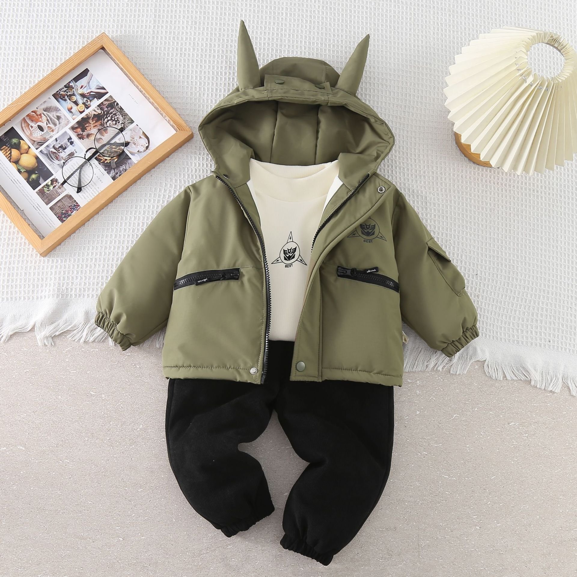 Boys' Set Autumn and Winter New Thickened Clothes Baby Fashionable Letter Hooded Coat Three Piece Children Clothing Set