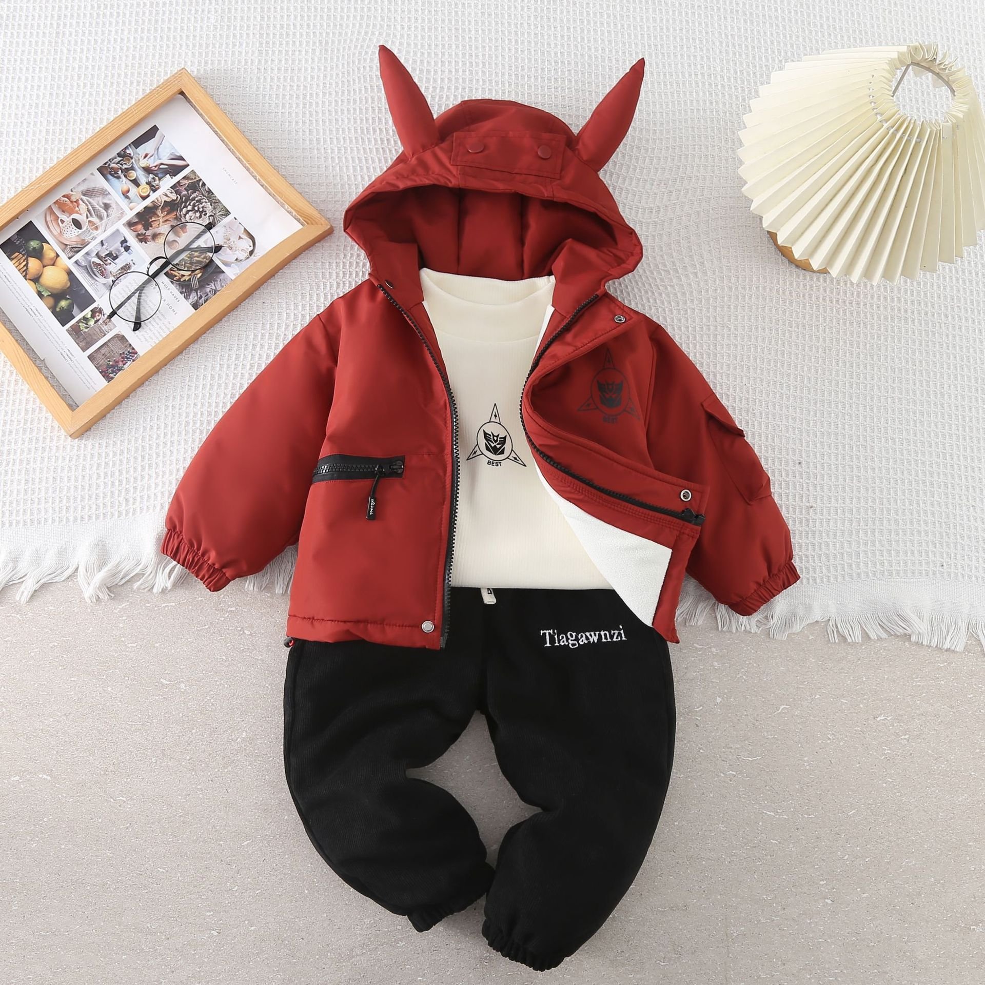 Boys' Set Autumn and Winter New Thickened Clothes Baby Fashionable Letter Hooded Coat Three Piece Children Clothing Set