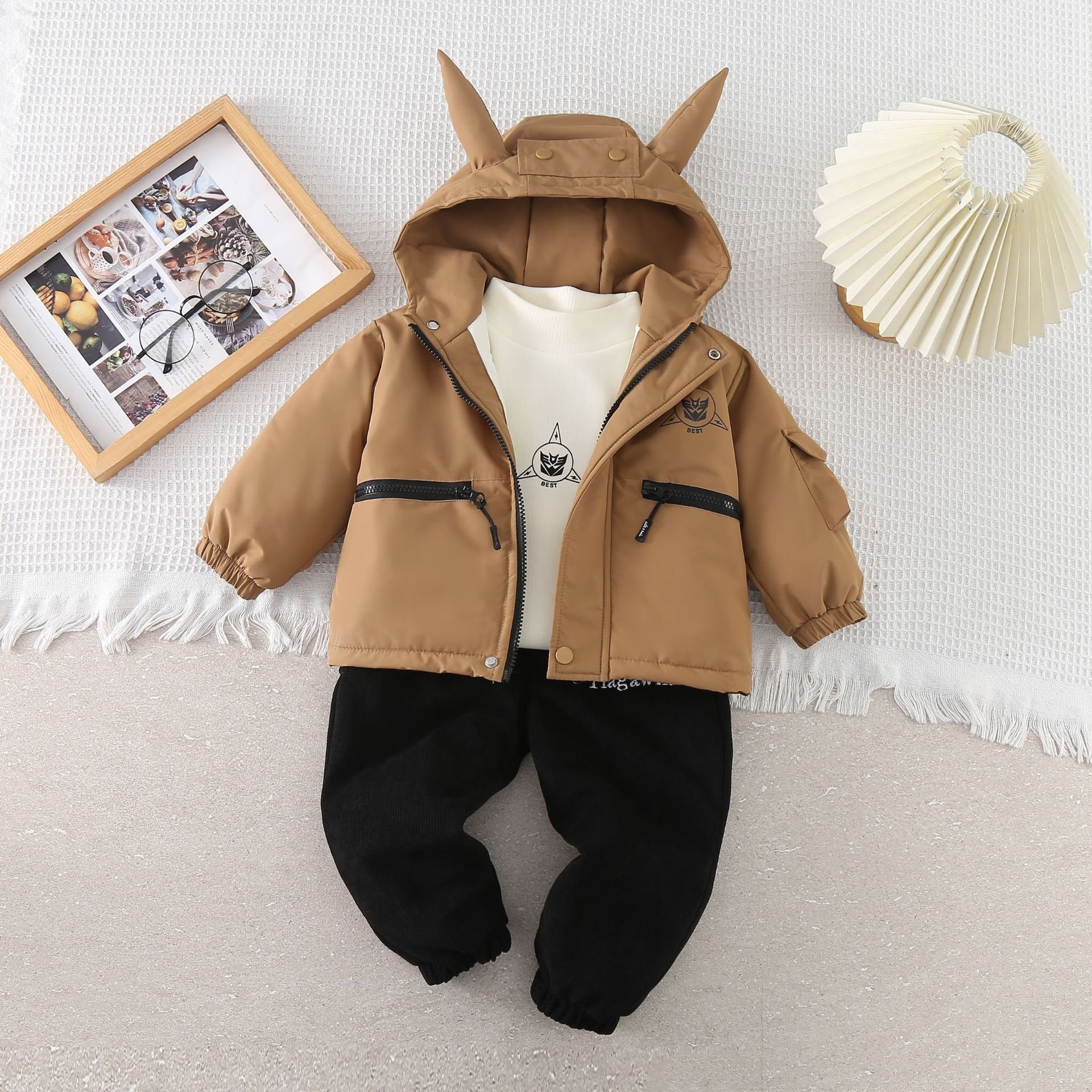 Boys' Set Autumn and Winter New Thickened Clothes Baby Fashionable Letter Hooded Coat Three Piece Children Clothing Set