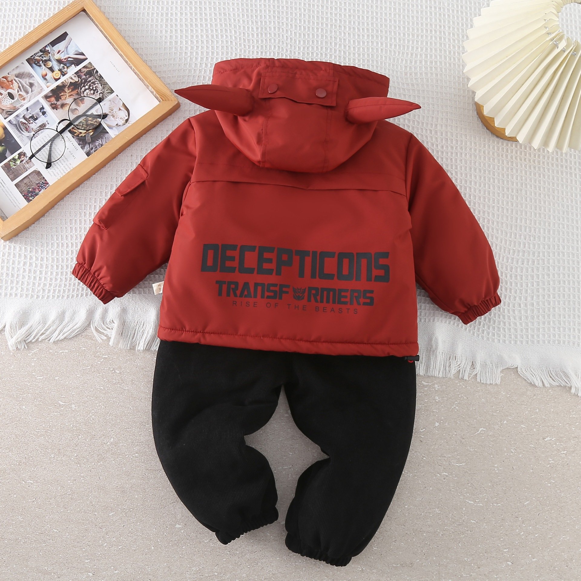 Boys' Set Autumn and Winter New Thickened Clothes Baby Fashionable Letter Hooded Coat Three Piece Children Clothing Set