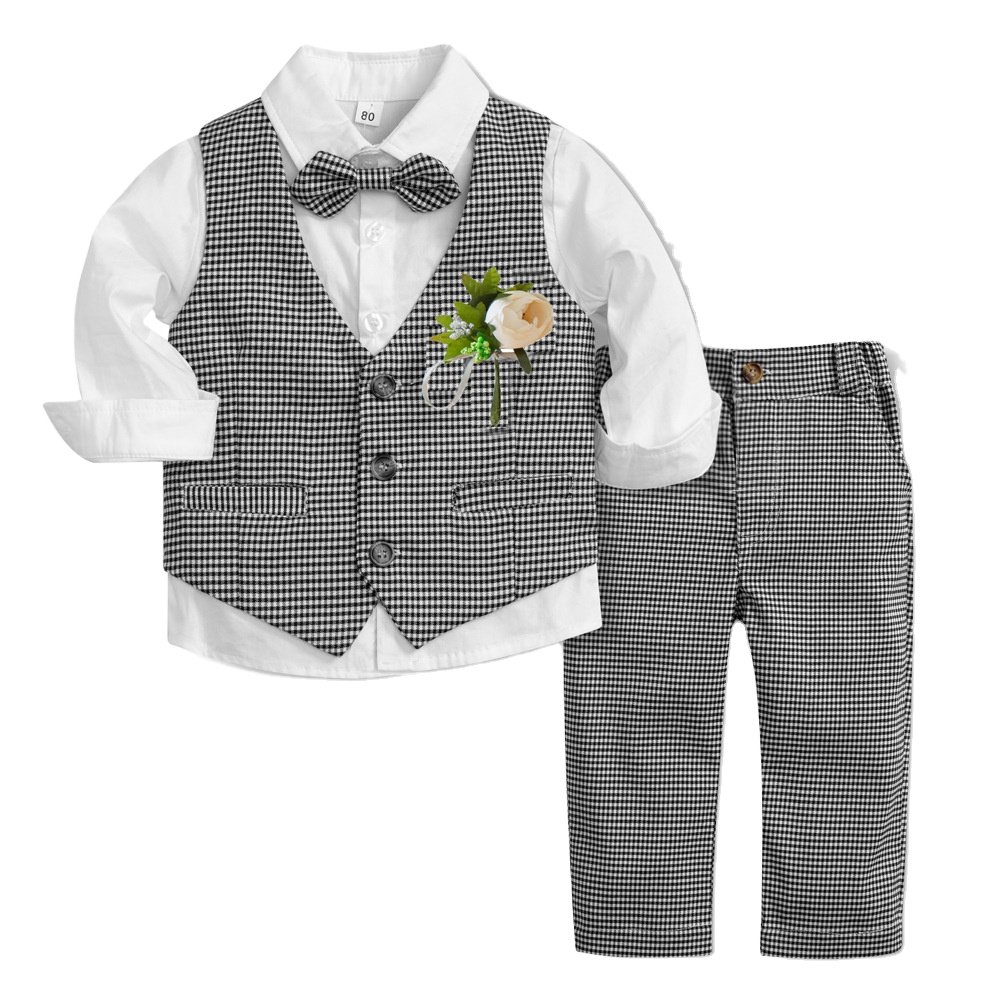 Ring Bearer Boy Boutique Suit Baby Clothes Set Plaid Vest Shirt Pants Children's Outfit Boys Clothing Sets 1 to 5 Years Cotton