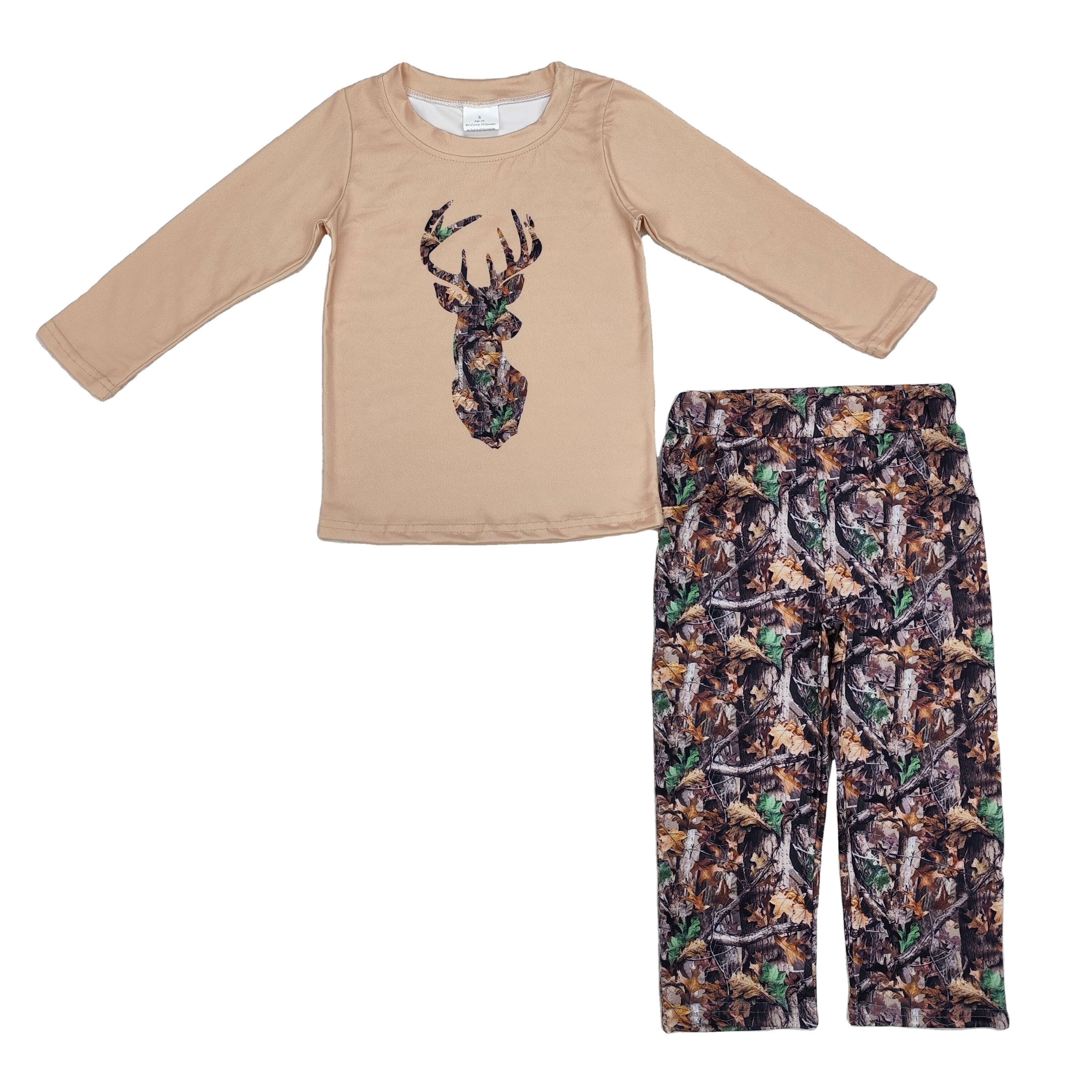high quality long sleeve hunting deer brown print milk silk Outfit Boutique Wholesale kids clothing