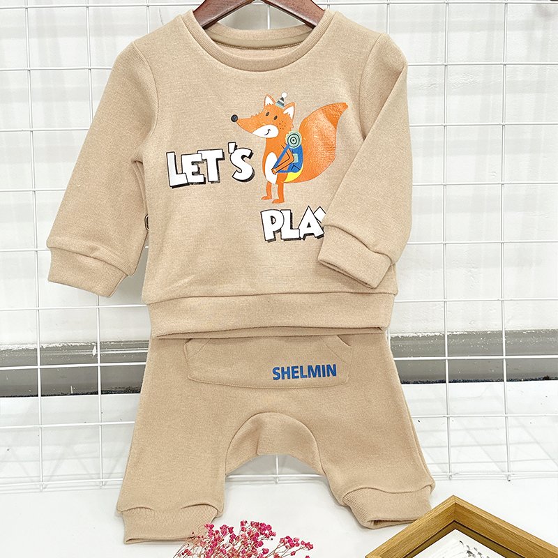 Cute Animal Long Sleeve Kids Winter Boys Clothing Warm Two Pieces Sweatshirt Pants Baby Clothes Set