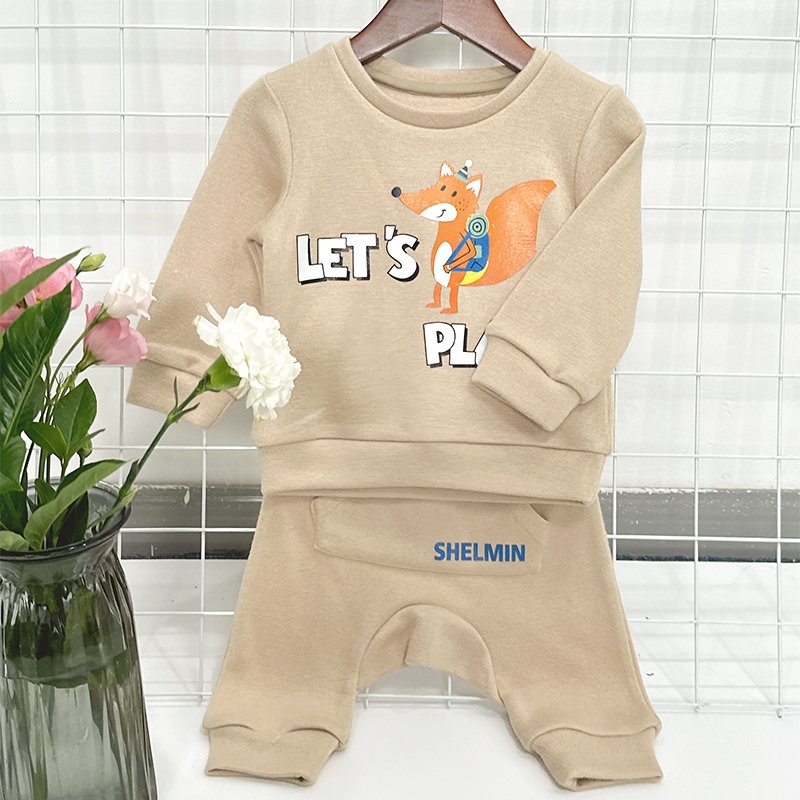 Cute Animal Long Sleeve Kids Winter Boys Clothing Warm Two Pieces Sweatshirt Pants Baby Clothes Set