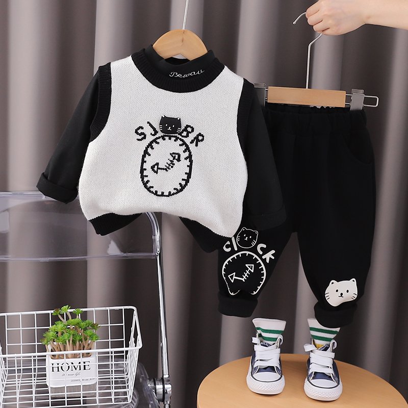 Korean Preppy Style High Quality 3pcs Boys Girls Clothing Set Casual Cartoon Pattern Includes Warm Sweater-Vest Pants Long Shirt