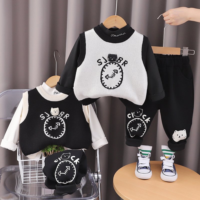 Korean Preppy Style High Quality 3pcs Boys Girls Clothing Set Casual Cartoon Pattern Includes Warm Sweater-Vest Pants Long Shirt