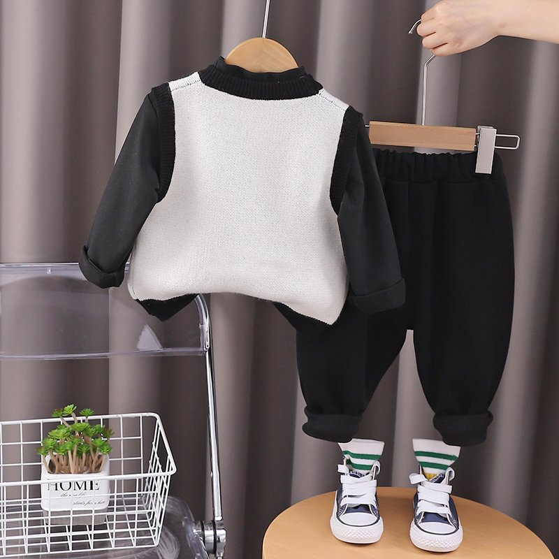 Korean Preppy Style High Quality 3pcs Boys Girls Clothing Set Casual Cartoon Pattern Includes Warm Sweater-Vest Pants Long Shirt