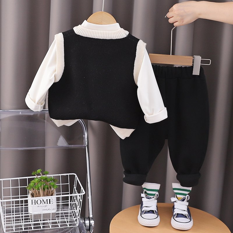 Korean Preppy Style High Quality 3pcs Boys Girls Clothing Set Casual Cartoon Pattern Includes Warm Sweater-Vest Pants Long Shirt