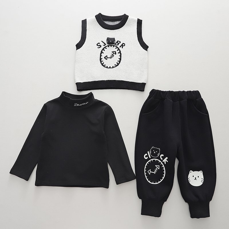 Korean Preppy Style High Quality 3pcs Boys Girls Clothing Set Casual Cartoon Pattern Includes Warm Sweater-Vest Pants Long Shirt