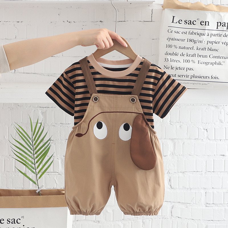 Summer New Product Cheap Hot Selling Comfortable Pure Cotton Striped Dog Print Backband Shorts Clothing Wholesale for Boys Set