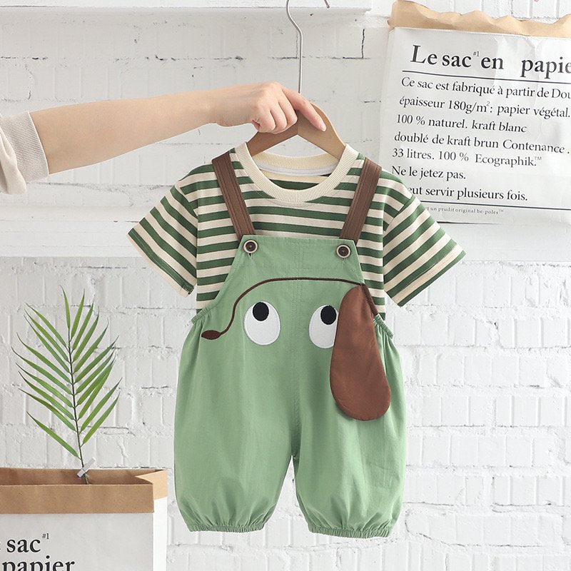 Summer New Product Cheap Hot Selling Comfortable Pure Cotton Striped Dog Print Backband Shorts Clothing Wholesale for Boys Set