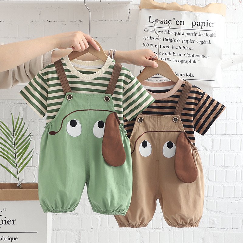 Summer New Product Cheap Hot Selling Comfortable Pure Cotton Striped Dog Print Backband Shorts Clothing Wholesale for Boys Set