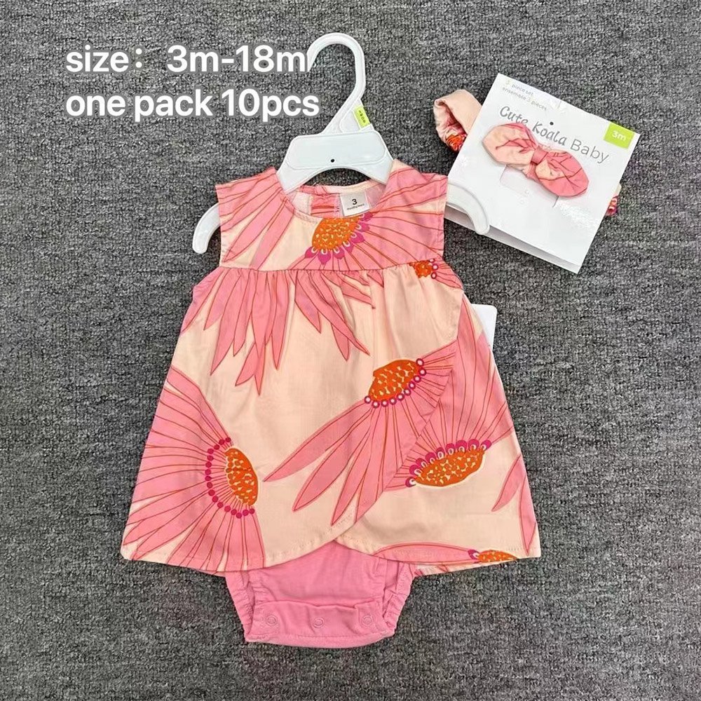 Toddler Baby Girl Romper Dress With Hairband 2pcs Set Hot Sale Factory Price Little Baby Girl Sleeveless Onesie