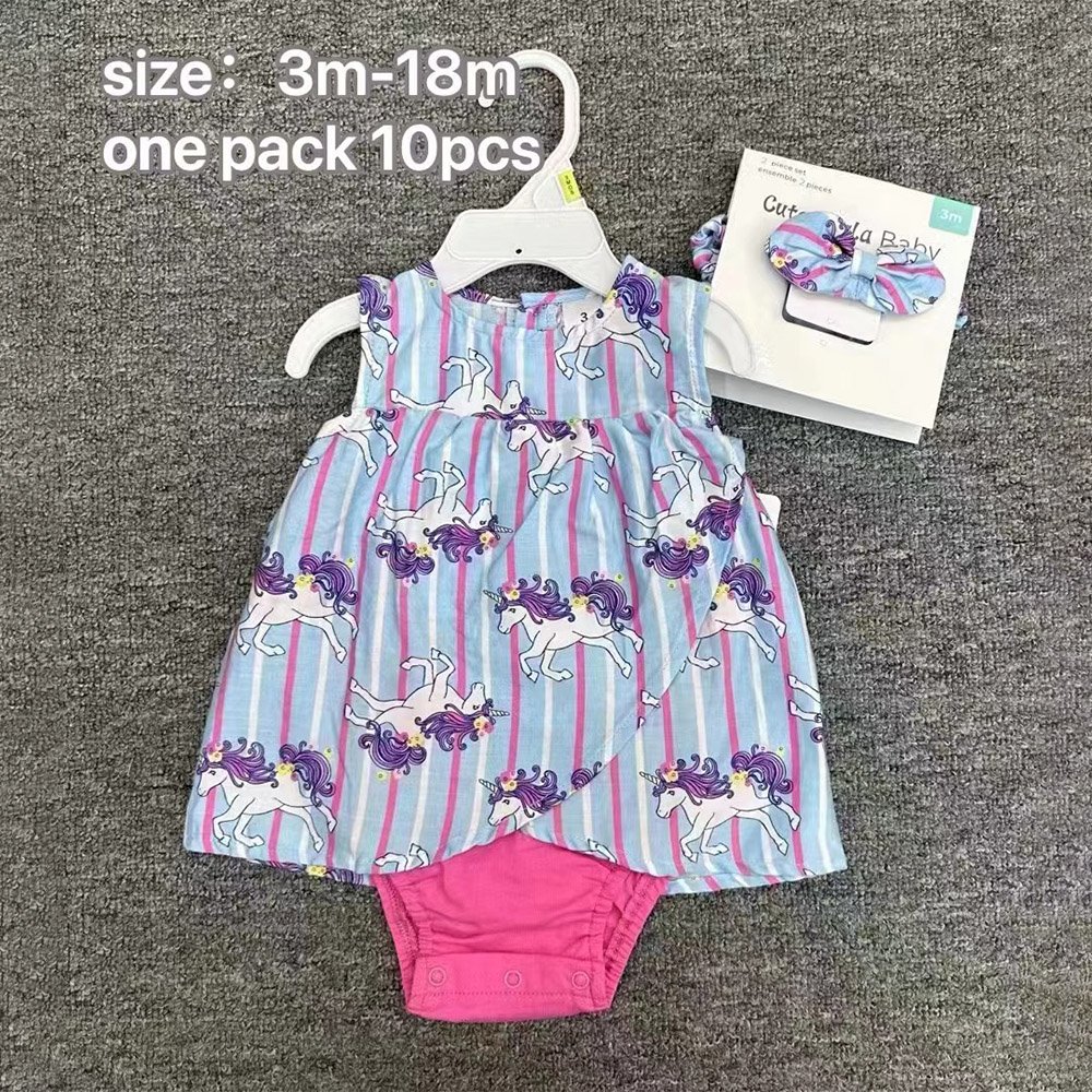 Toddler Baby Girl Romper Dress With Hairband 2pcs Set Hot Sale Factory Price Little Baby Girl Sleeveless Onesie