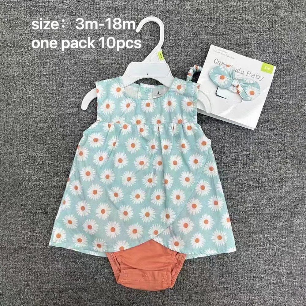 Toddler Baby Girl Romper Dress With Hairband 2pcs Set Hot Sale Factory Price Little Baby Girl Sleeveless Onesie