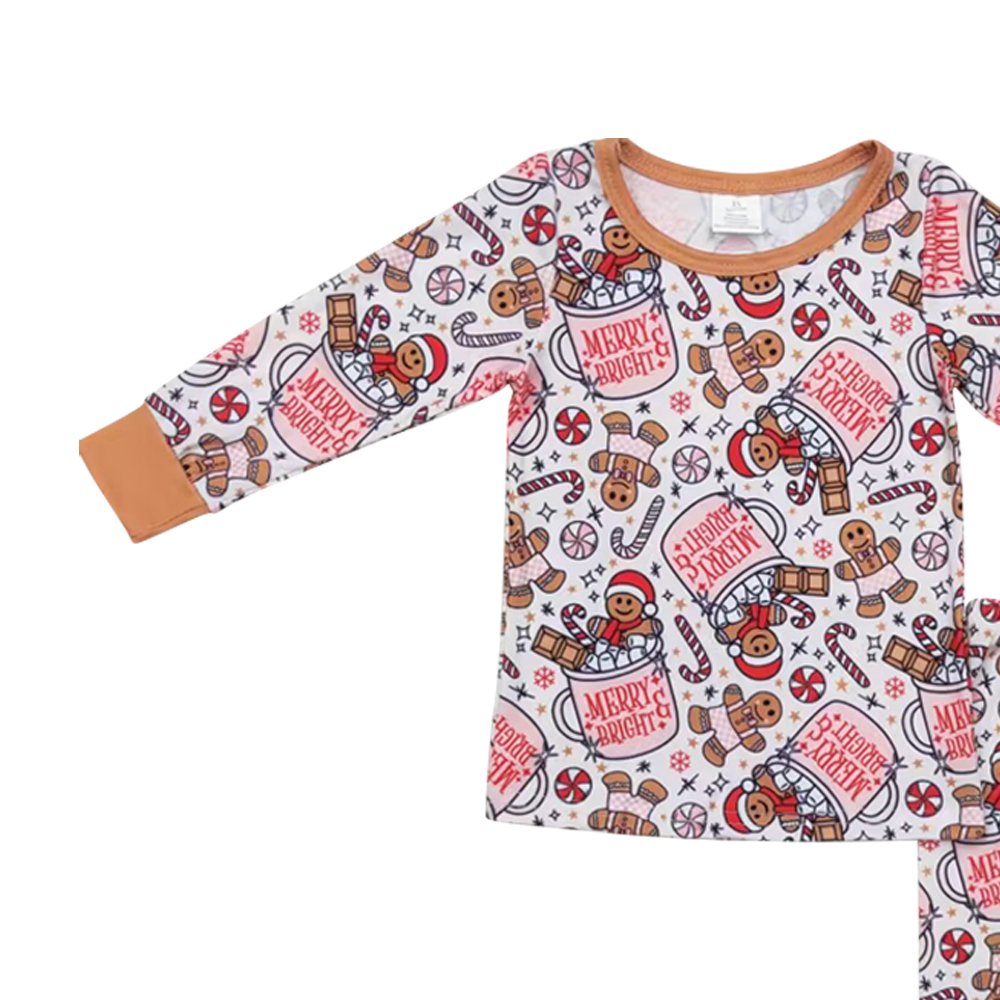 Christmas clothes long sleeves merry bright gingerbread print wholesale boys pajamas boutique suits low price clothes no moq